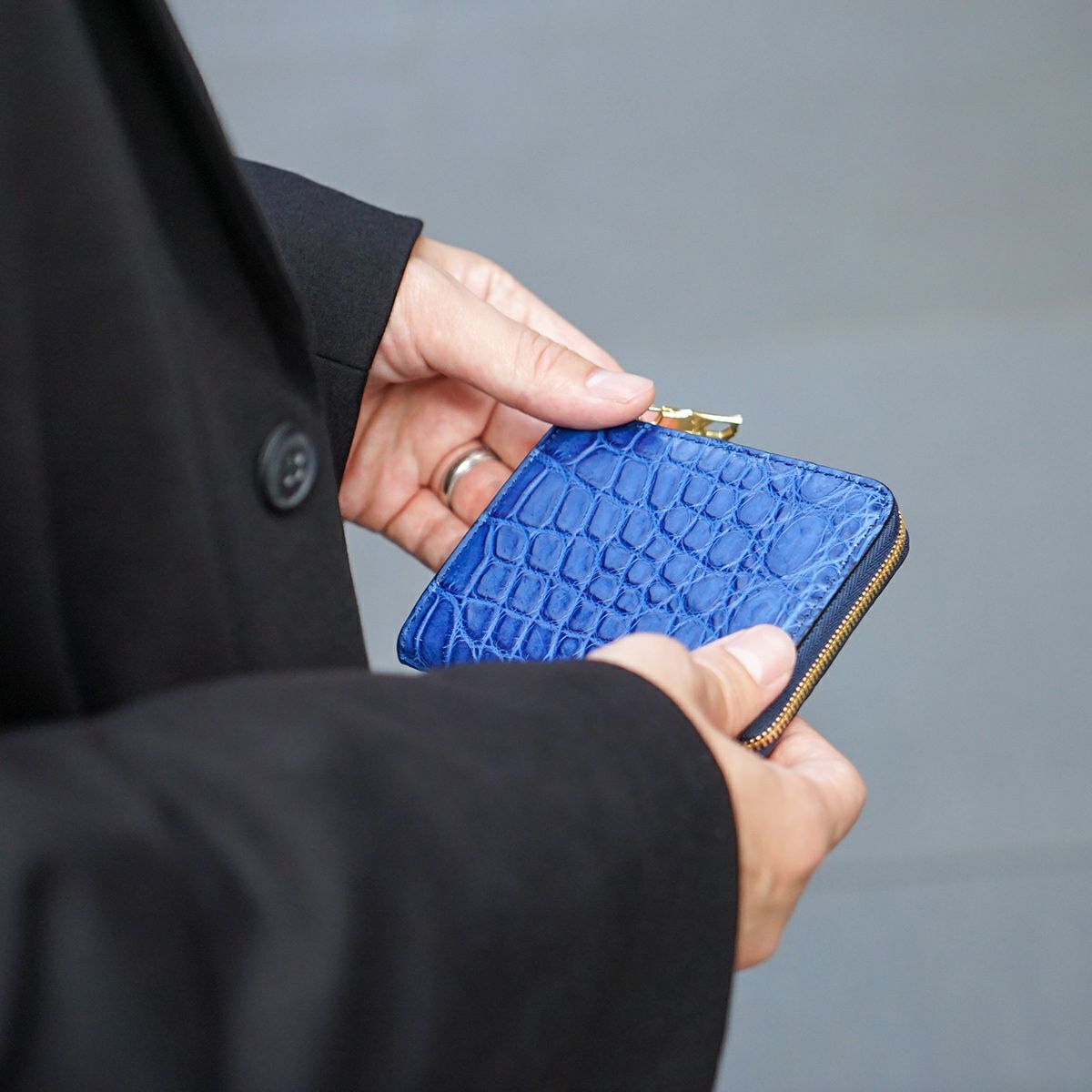 チマブエ 藍染クロコ L字ファスナー 二つ折り財布