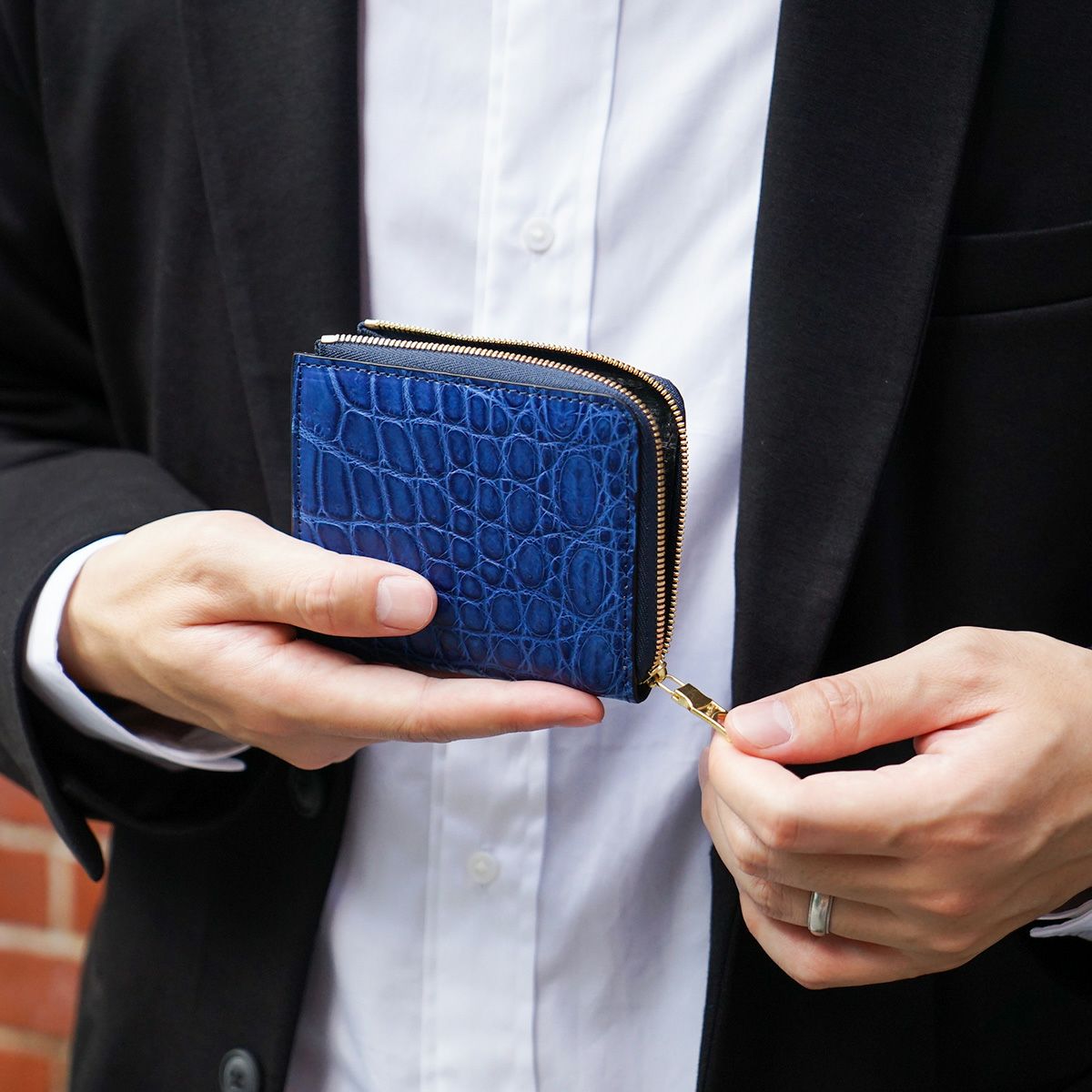 チマブエ 藍染クロコ L字ファスナー 二つ折り財布