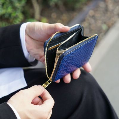 チマブエ 藍染クロコ L字ファスナー 二つ折り財布
