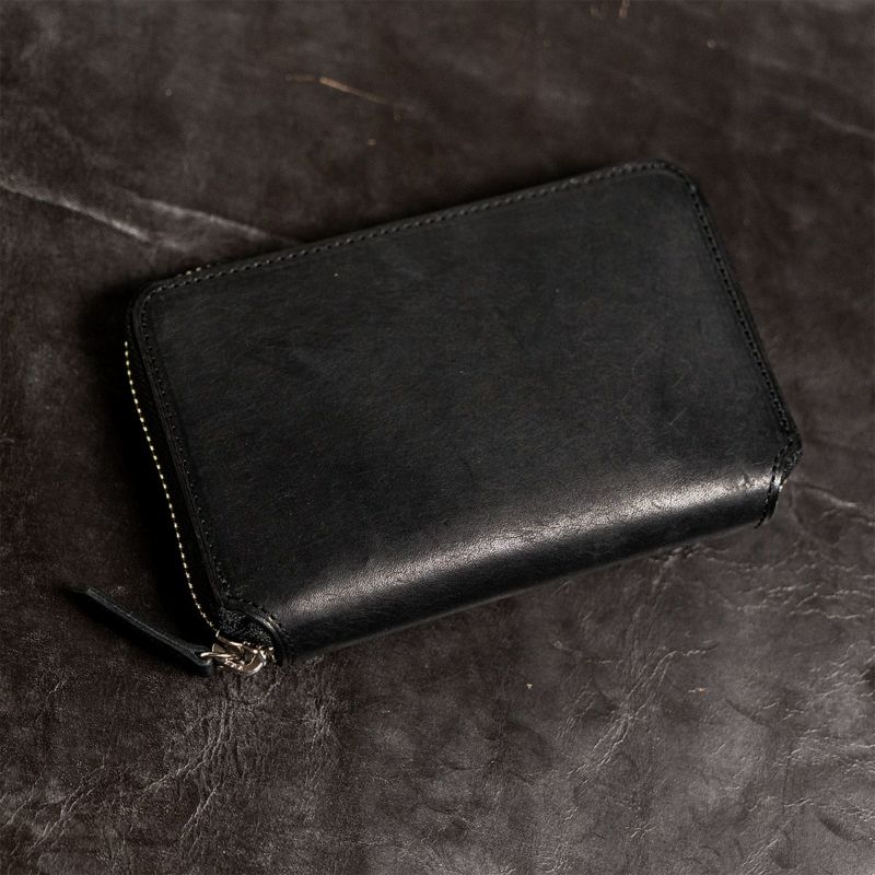 ブラック☆MiddleLeatherWalletミドルウォレット✮フラップ全縫い ブラック☆MiddleLeatherWalletミドルウォレット✮フラップ全縫い